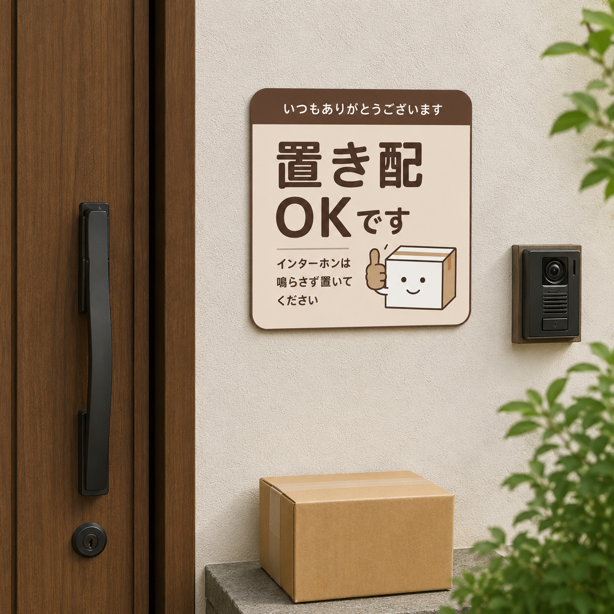 置き配 ステッカー インターホン不要 配達員向け 宅配ボックス 玄関 ドア 注意 サイン 防水 屋外対応 120mm ブラウン|置き配OK - 画像 (4)
