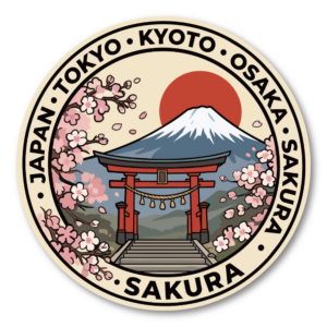 日本旅行 ステッカー 富士山 和風デザイン JAPAN トラベル 観光 東京 京都 桜 波 鳥居 レトロ風 丸型 デカール 富士山・鳥居・桜