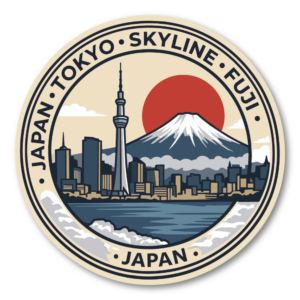 日本旅行 ステッカー 富士山 和風デザイン JAPAN トラベル 観光 東京 京都 桜 波 鳥居 レトロ風 丸型 デカール 富士山・東京スカイライン