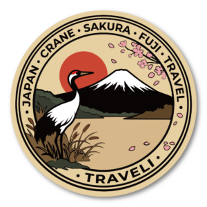 日本旅行 ステッカー 富士山 和風デザイン JAPAN トラベル 観光 東京 京都 桜 波 鳥居 レトロ風 丸型 デカール 富士山・鶴・桜