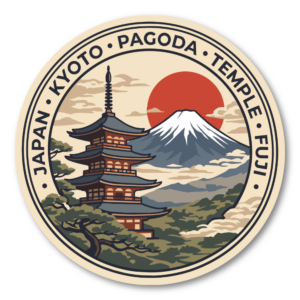 日本旅行 ステッカー 富士山 和風デザイン JAPAN トラベル 観光 東京 京都 桜 波 鳥居 レトロ風 丸型 デカール 富士山・五重塔