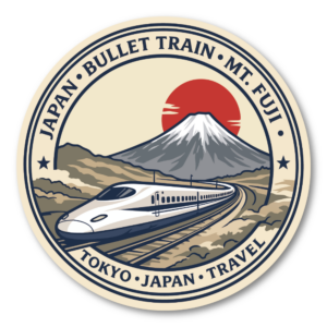 日本旅行 ステッカー 富士山 和風デザイン JAPAN トラベル 観光 東京 京都 桜 波 鳥居 レトロ風 丸型 デカール 富士山・高速鉄道