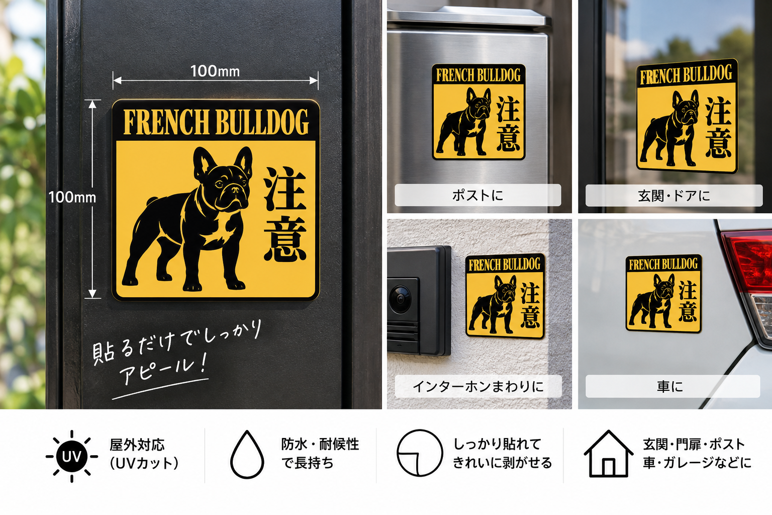 警告 注意喚起 ステッカー 犬 猫 防犯サイン ペット セキュリティ 屋外対応 玄関 ドア 窓 門扉 車 ガレージ FRENCH BULLDOG 注意 - 画像 (5)