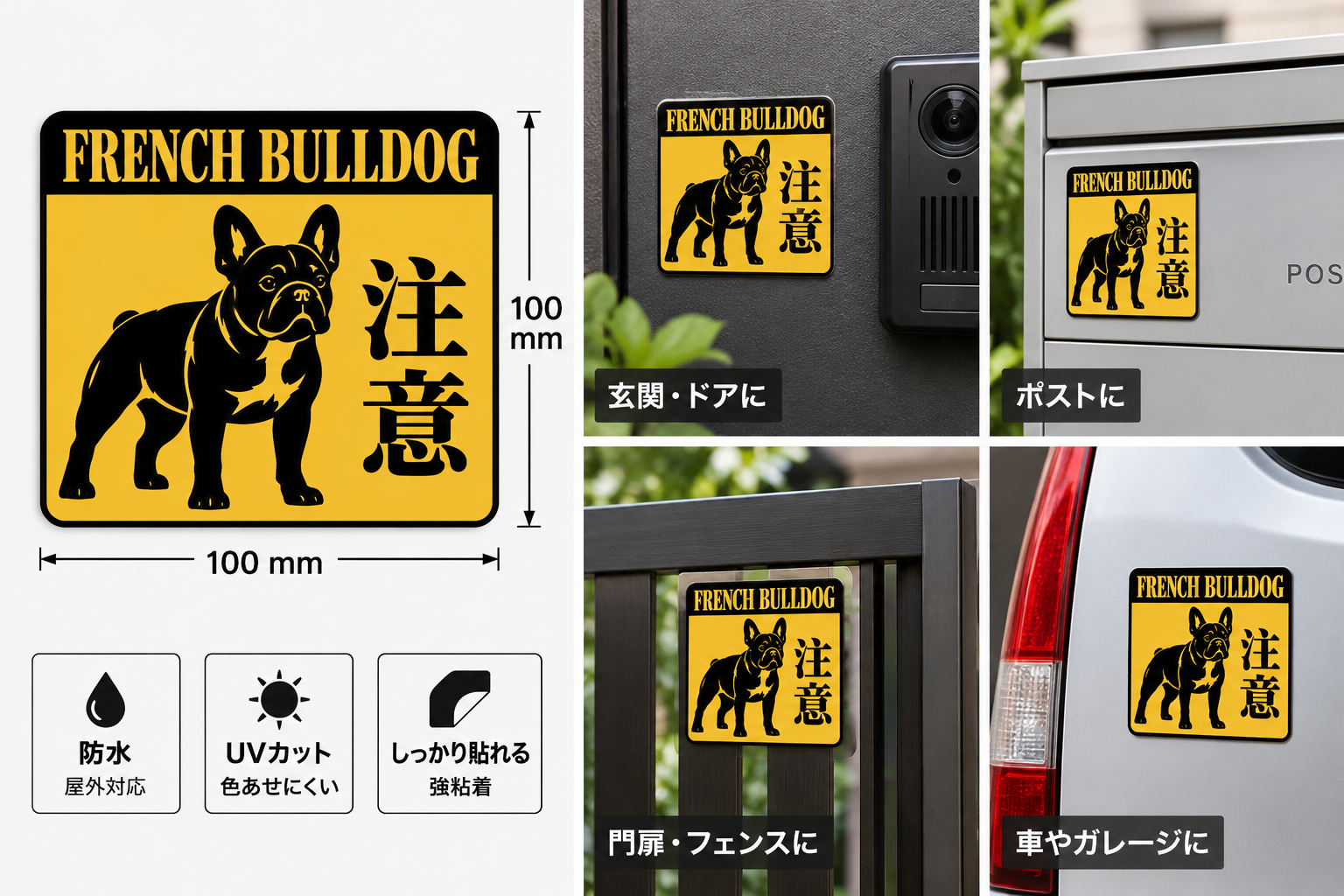 警告 注意喚起 ステッカー 犬 猫 防犯サイン ペット セキュリティ 屋外対応 玄関 ドア 窓 門扉 車 ガレージ FRENCH BULLDOG 注意 - 画像 (4)