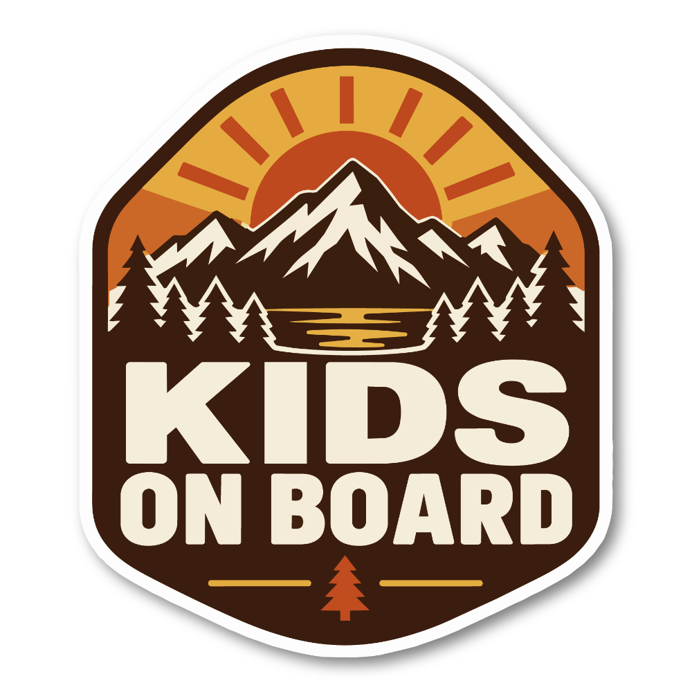 KIDS ON BOARD 車用 ステッカー 子供が乗っています アウトドア 120×140mm 山と夕日 ブラウン