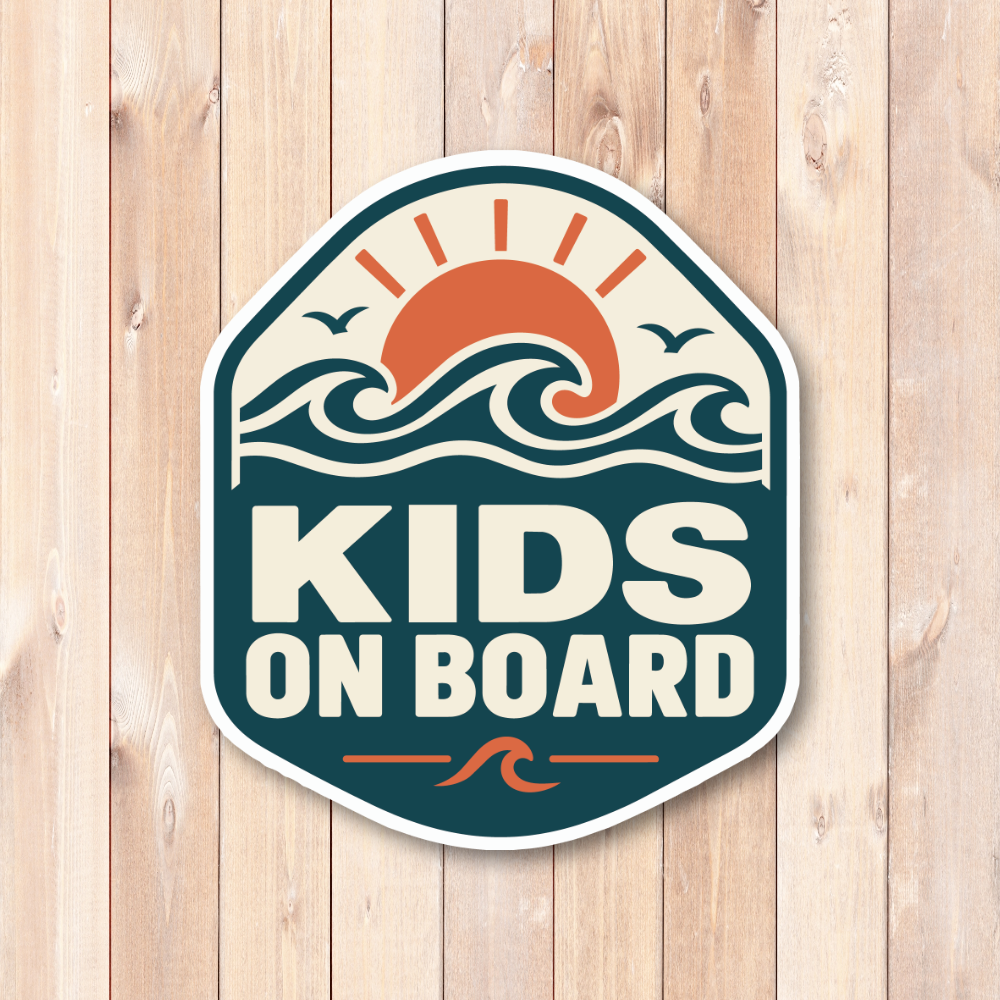 KIDS ON BOARD 車用 ステッカー 子供が乗っています アウトドア 120×140mm 海と夕日 ティール - 画像 (2)