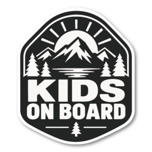 KIDS ON BOARD 車用 ステッカー 子供が乗っています アウトドア 120×140mm 山と湖 モノクロ