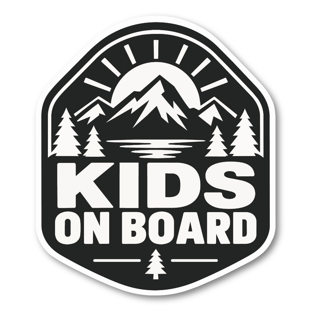 KIDS ON BOARD 車用 ステッカー 子供が乗っています アウトドア 120×140mm 山と湖 モノクロ