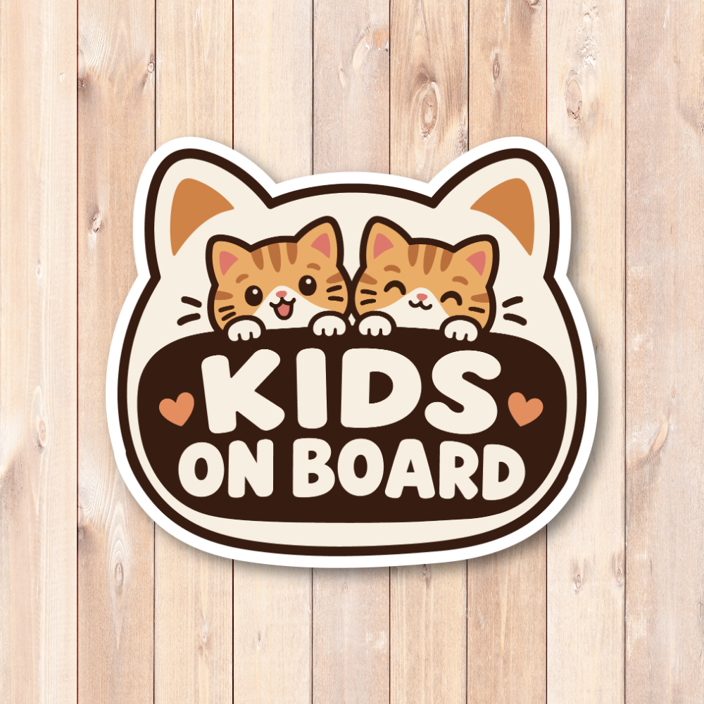 KIDS ON BOARD ステッカー 猫デザイン 子供乗車中 車用 かわいい キッズオンボード 防水 UVカット 屋外対応 約120mm 茶トラ - 画像 (2)