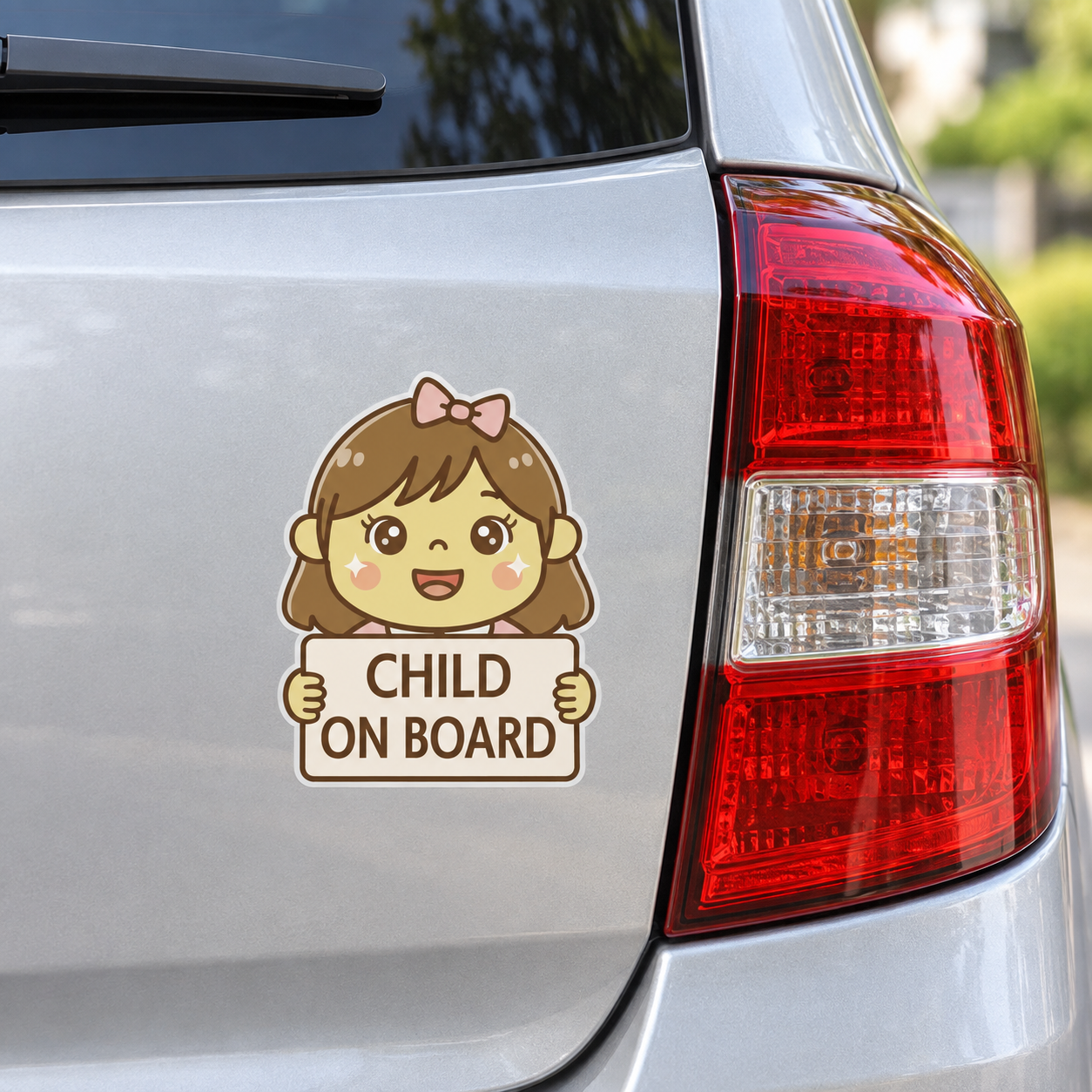 車の後部に貼った女の子のCHILD ON BOARDステッカーの使用イメージ