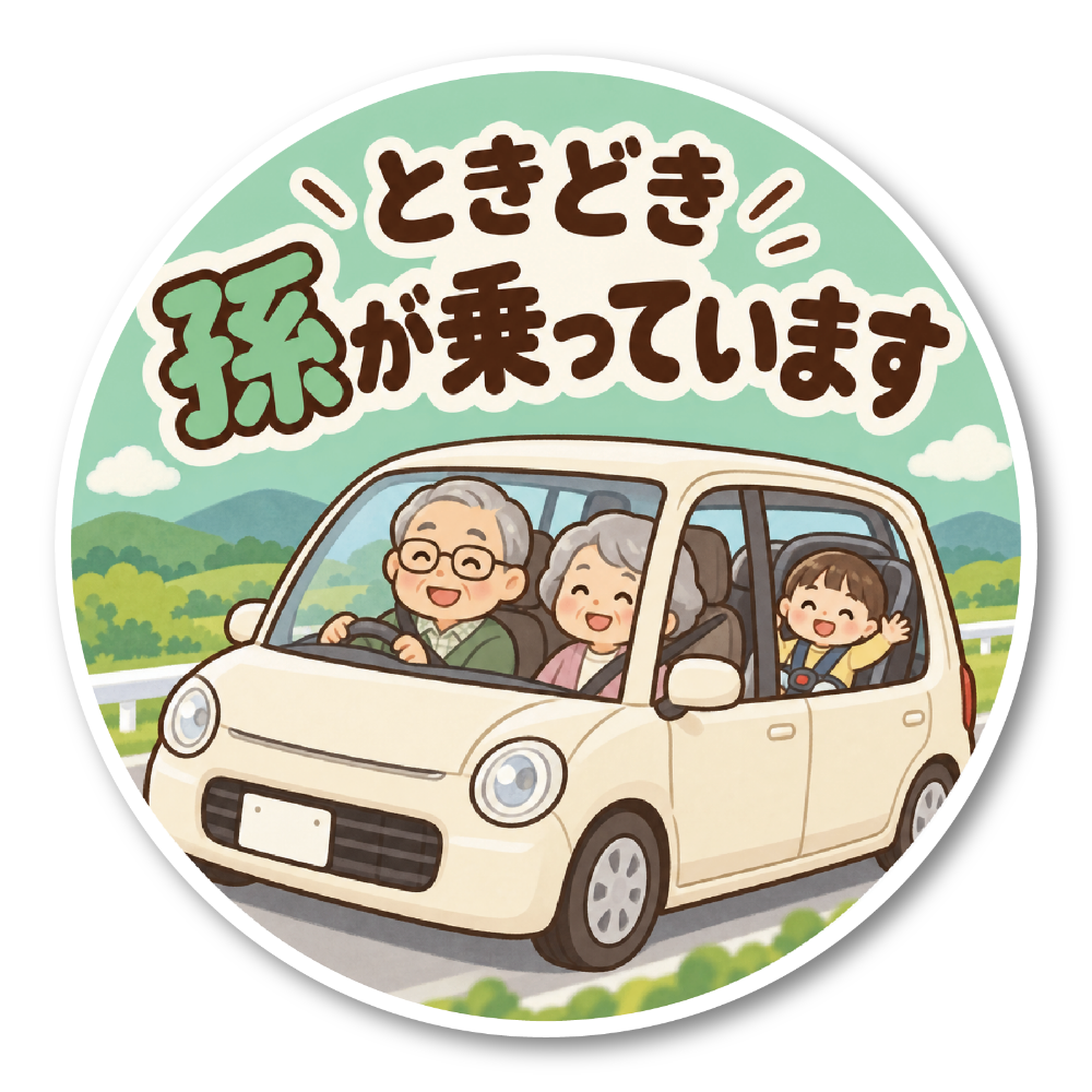 ときどき孫が乗っています 車用ステッカー 丸型 かわいい じいじ ばあば 孫 ドライブ カーサイン じいじ・ばあばと孫(ミントグリーン)