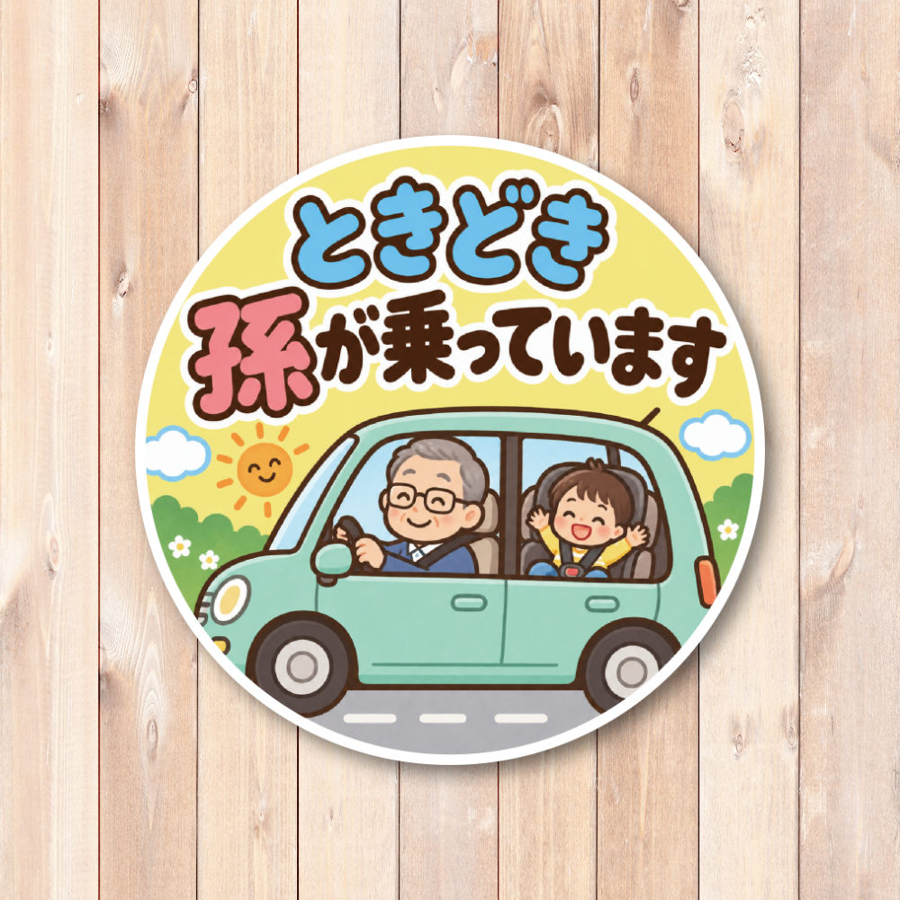 ときどき孫が乗っています 車用ステッカー 丸型 かわいい じいじ ばあば 孫 ドライブ カーサイン じいじと孫(イエロー) - 画像 (2)