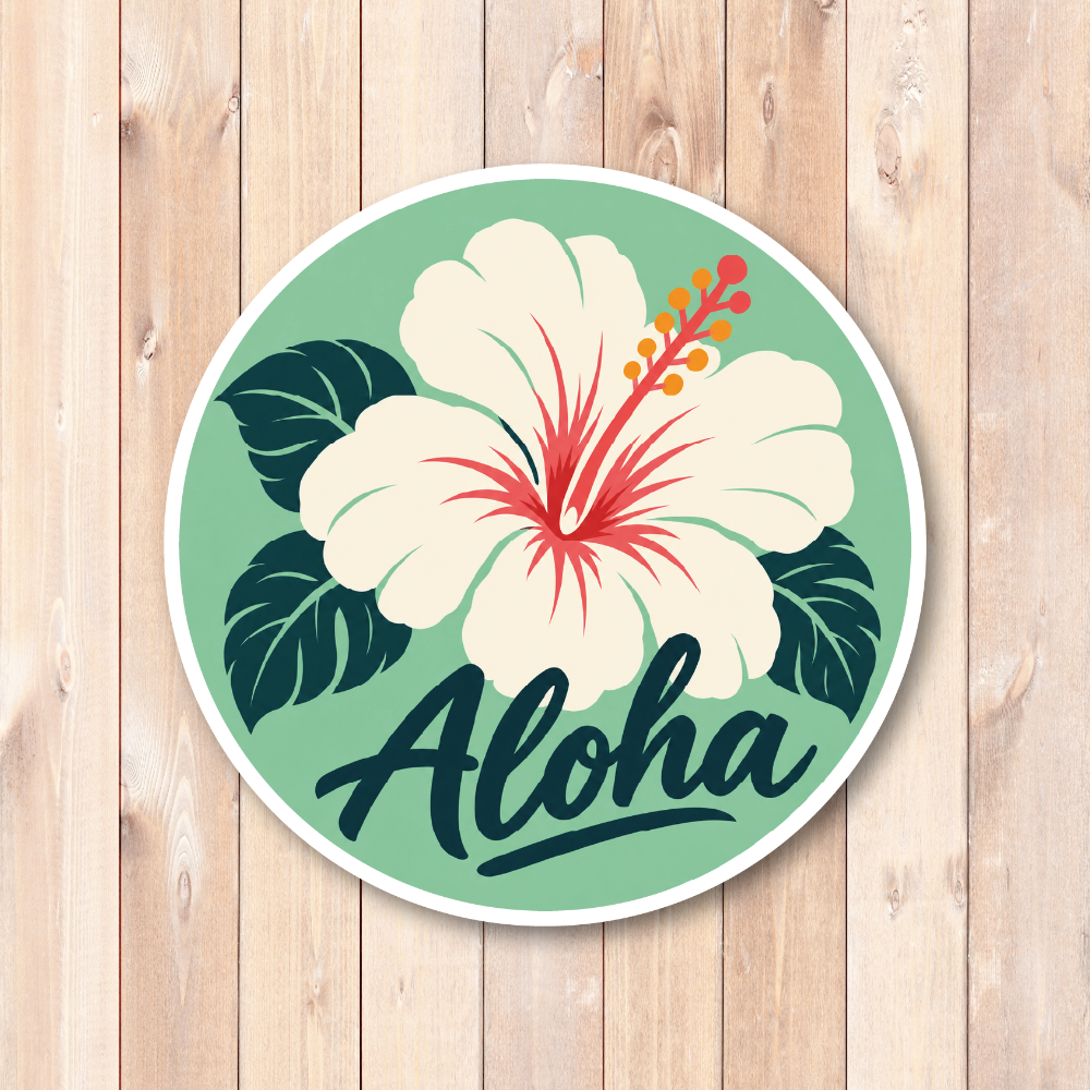 Aloha ハイビスカス ステッカー 丸型 ハワイアン 花柄 ボタニカル アロハ デザインシール ミントグリーン - 画像 (2)
