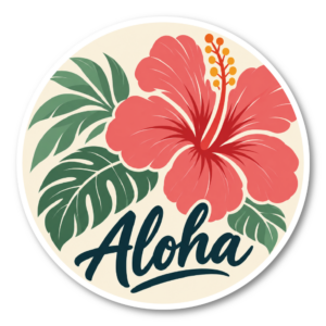Aloha ハイビスカス ステッカー 丸型 ハワイアン 花柄 ボタニカル アロハ デザインシール コーラルアイボリー