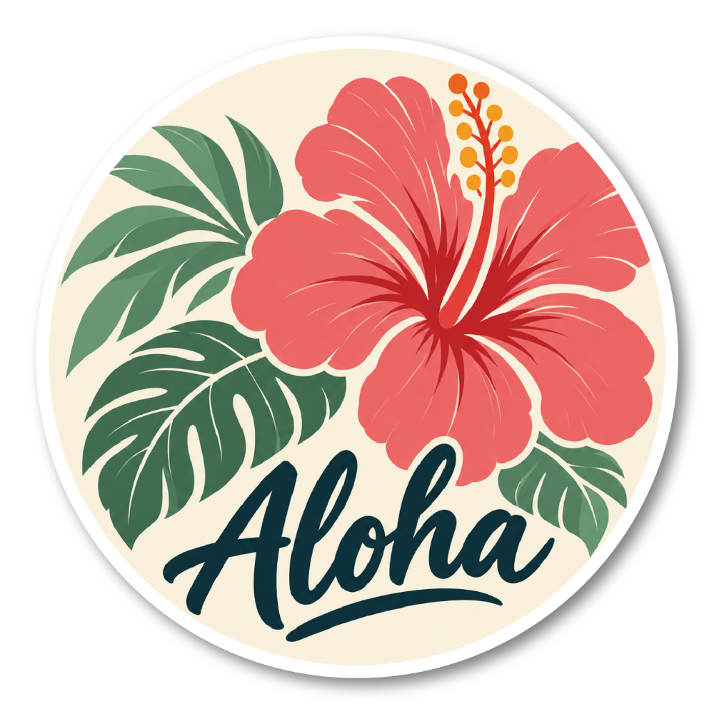 Aloha ハイビスカス ステッカー 丸型 ハワイアン 花柄 ボタニカル アロハ デザインシール コーラルアイボリー