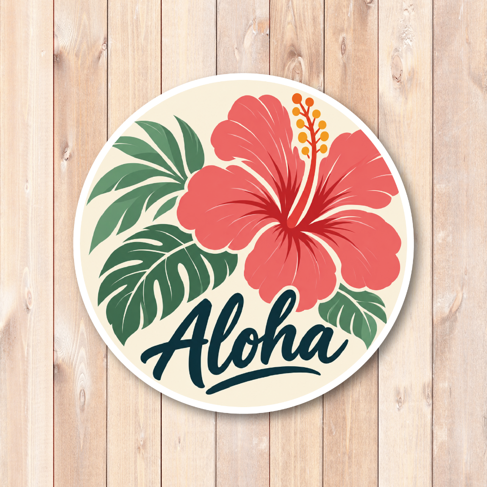 Aloha ハイビスカス ステッカー 丸型 ハワイアン 花柄 ボタニカル アロハ デザインシール コーラルアイボリー - 画像 (2)
