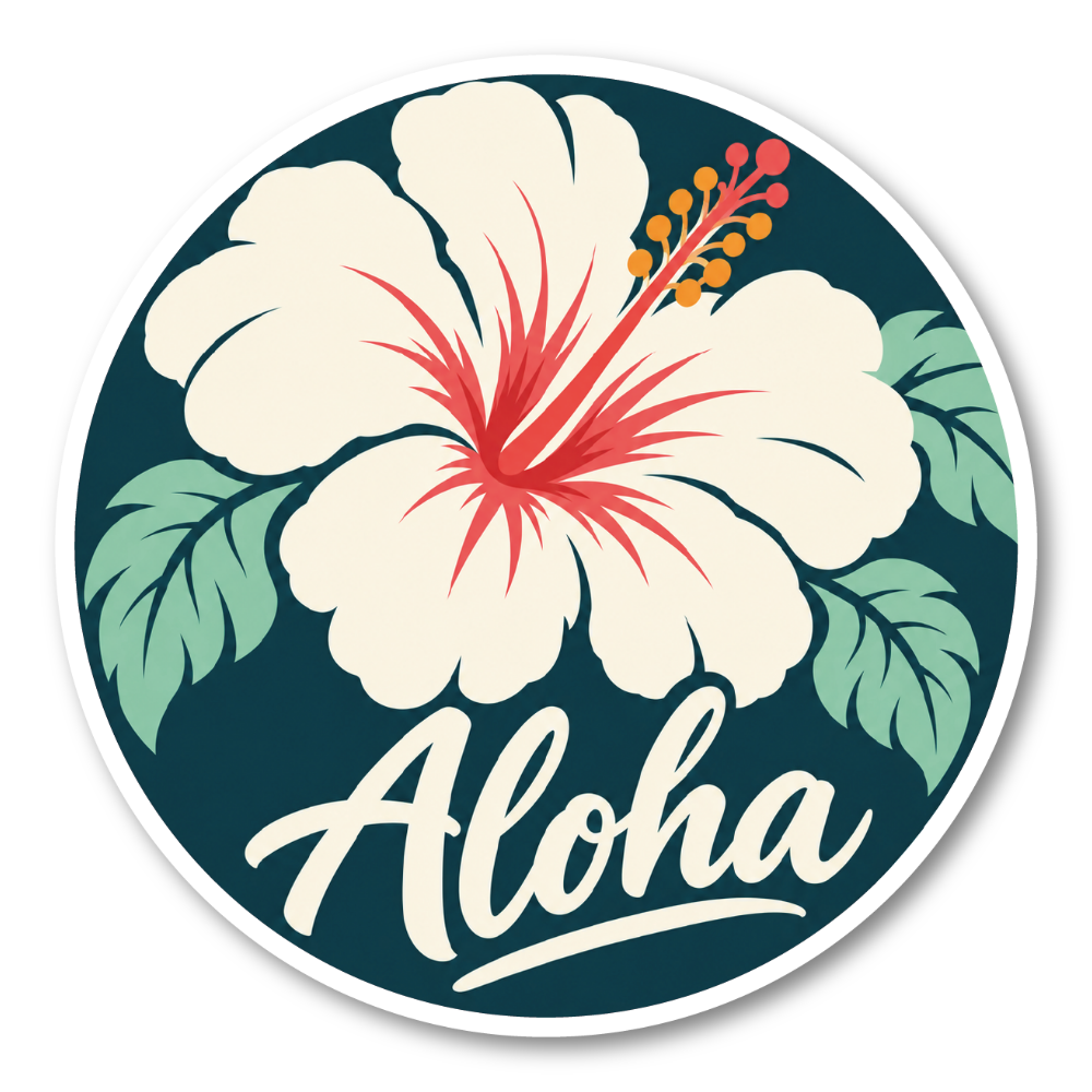 Aloha ハイビスカス ステッカー 丸型 ハワイアン 花柄 ボタニカル アロハ デザインシール ディープティール