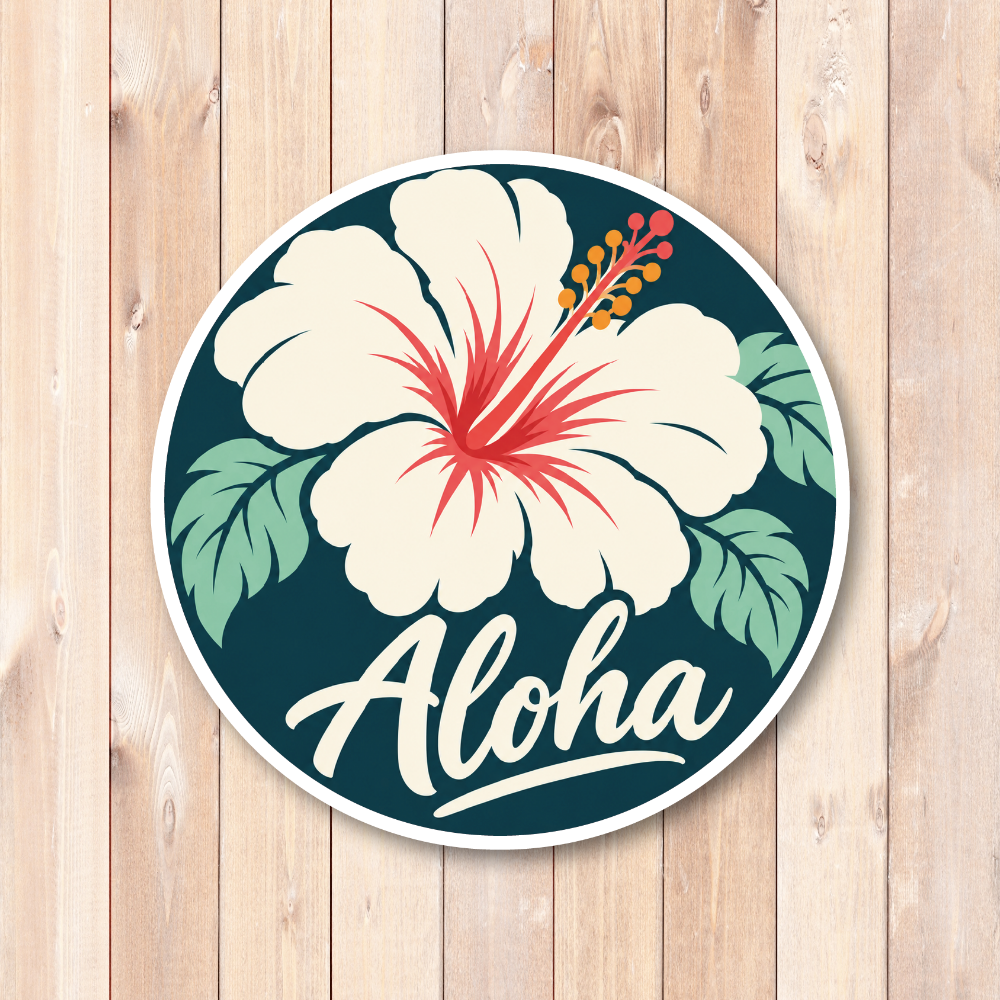 Aloha ハイビスカス ステッカー 丸型 ハワイアン 花柄 ボタニカル アロハ デザインシール ディープティール - 画像 (2)