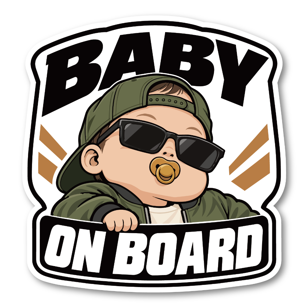 BABY ON BOARD ステッカー 赤ちゃんが乗っています サングラスベビー 車用 ベビーインカー おしゃれ 120×126mm カーキ・ジャケット