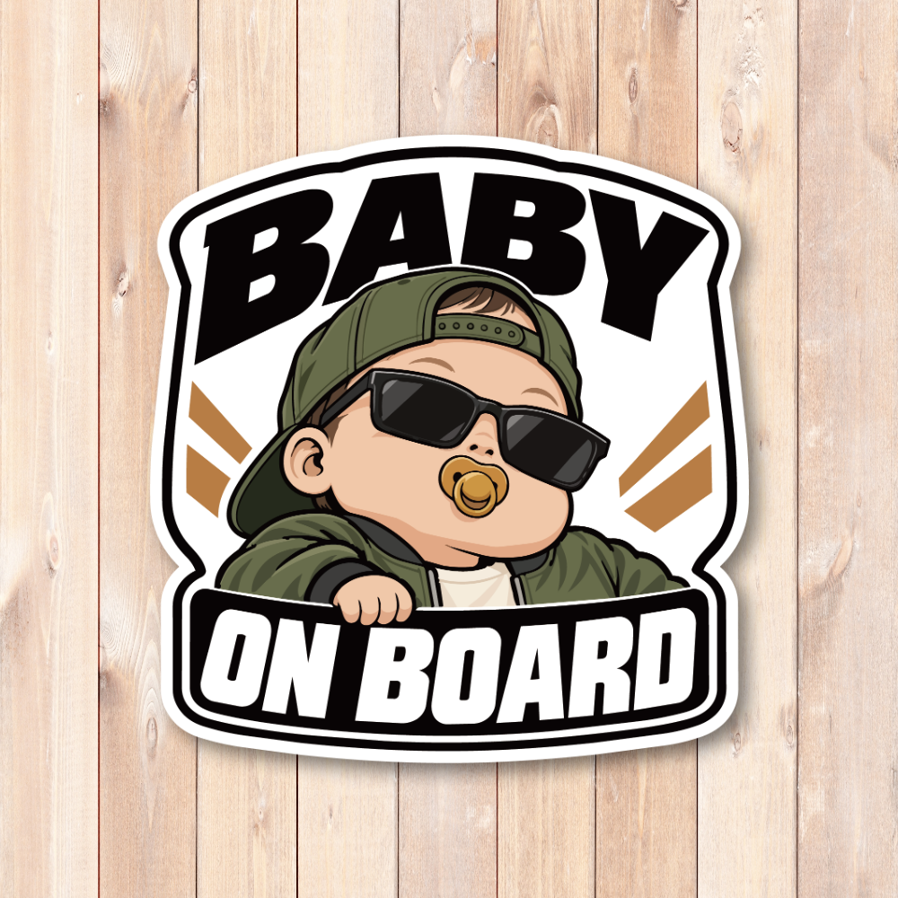 BABY ON BOARD ステッカー 赤ちゃんが乗っています サングラスベビー 車用 ベビーインカー おしゃれ 120×126mm カーキ・ジャケット - 画像 (2)