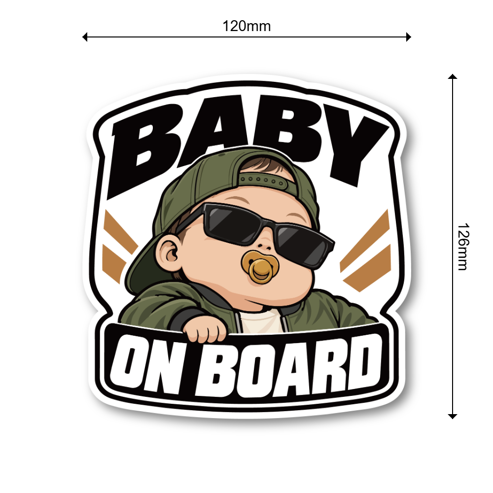 BABY ON BOARD ステッカー 赤ちゃんが乗っています サングラスベビー 車用 ベビーインカー おしゃれ 120×126mm カーキ・ジャケット - 画像 (3)