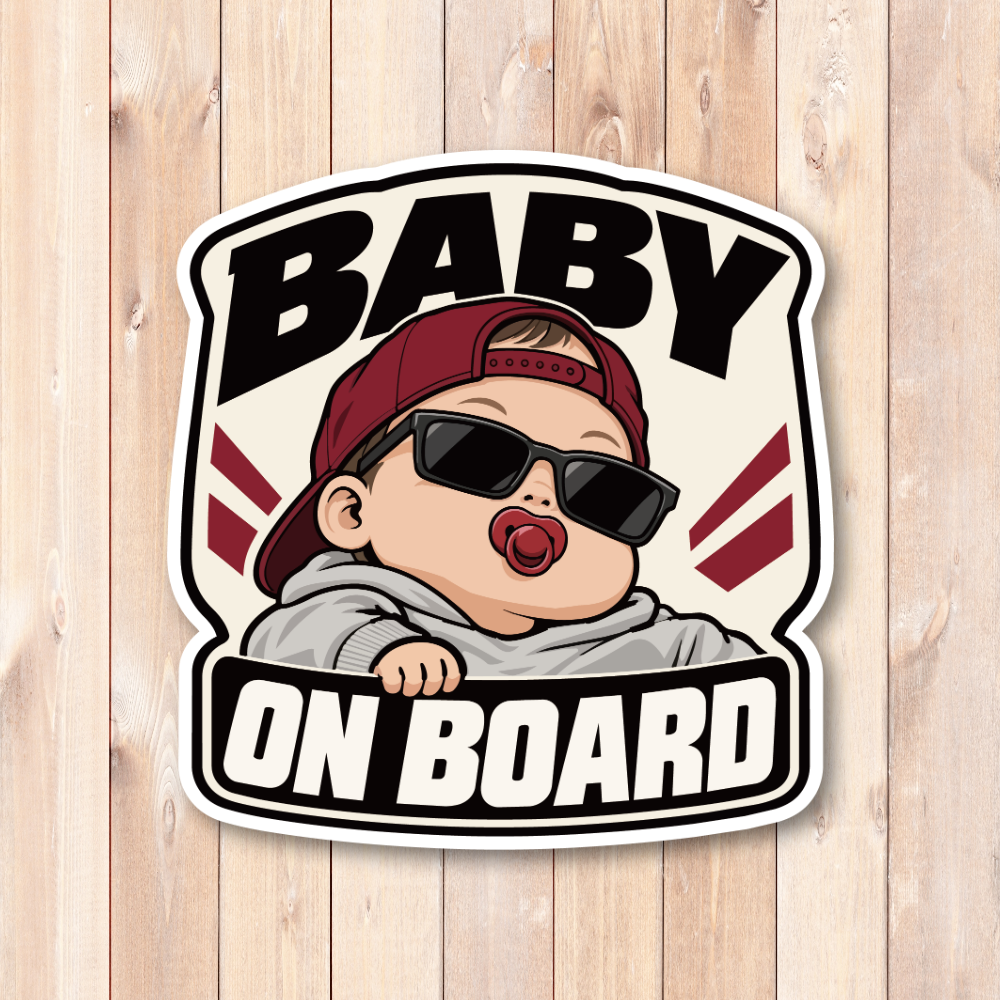 BABY ON BOARD ステッカー 赤ちゃんが乗っています サングラスベビー 車用 ベビーインカー おしゃれ 120×126mm バーガンディ・パーカー - 画像 (2)