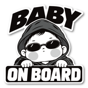 BABY ON BOARD ステッカー 120×120mm サングラス ベビー 車用デカール モノトーンデザイン フードスタイル