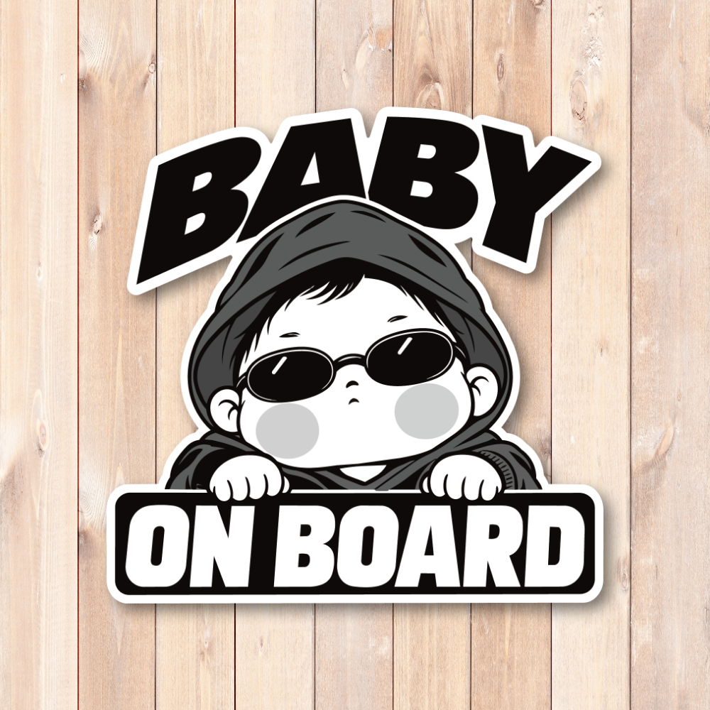 BABY ON BOARD ステッカー 120×120mm サングラス ベビー 車用デカール モノトーンデザイン フードスタイル - 画像 (2)