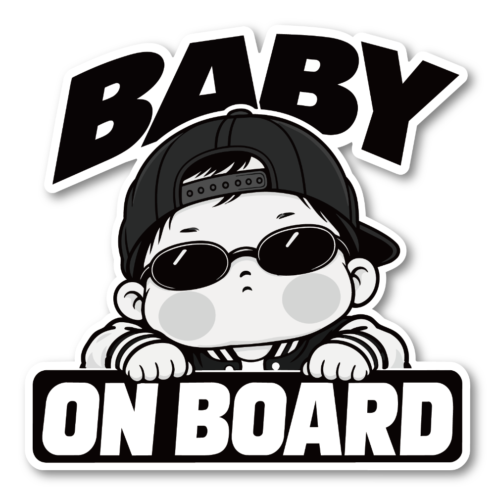 BABY ON BOARD ステッカー 120×120mm サングラス ベビー 車用デカール モノトーンデザイン バックキャップスタイル