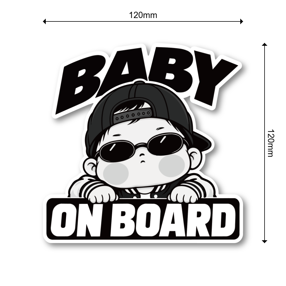 BABY ON BOARD ステッカー 120×120mm サングラス ベビー 車用デカール モノトーンデザイン バックキャップスタイル - 画像 (3)