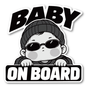 BABY ON BOARD ステッカー 120×120mm サングラス ベビー 車用デカール モノトーンデザイン ニット帽スタイル