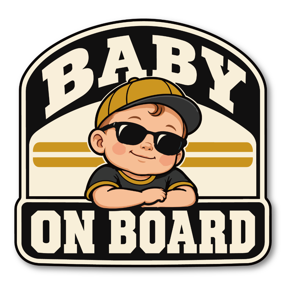BABY ON BOARD 車用ステッカー 赤ちゃんが乗っています ベビーインカー サングラスベビー アメカジ 120×116mm ブラック&マスタード