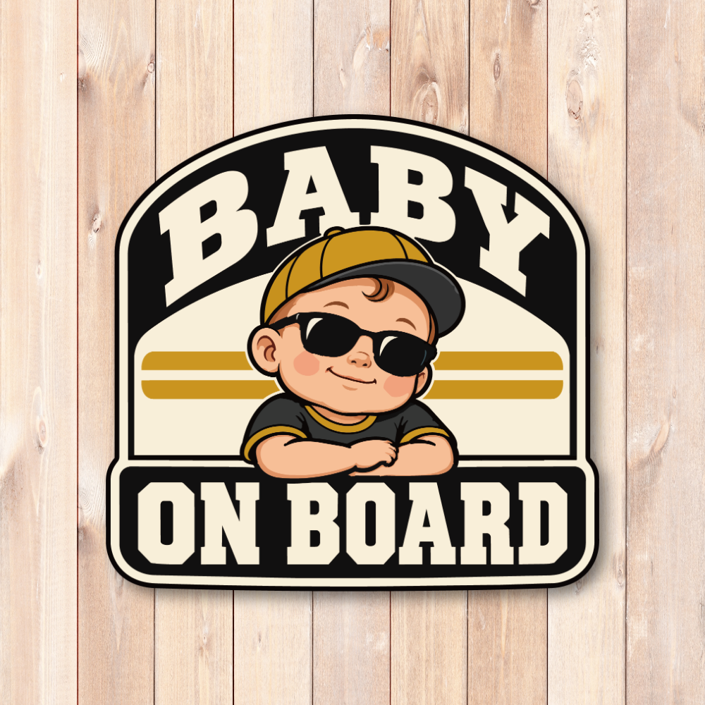 BABY ON BOARD 車用ステッカー 赤ちゃんが乗っています ベビーインカー サングラスベビー アメカジ 120×116mm ブラック&マスタード - 画像 (2)