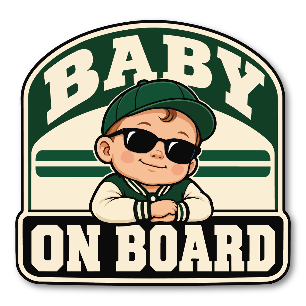 BABY ON BOARD 車用ステッカー 赤ちゃんが乗っています ベビーインカー サングラスベビー アメカジ 120×116mm フォレストグリーン