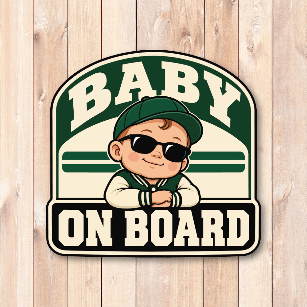 BABY ON BOARD 車用ステッカー 赤ちゃんが乗っています ベビーインカー サングラスベビー アメカジ 120×116mm フォレストグリーン - 画像 (2)