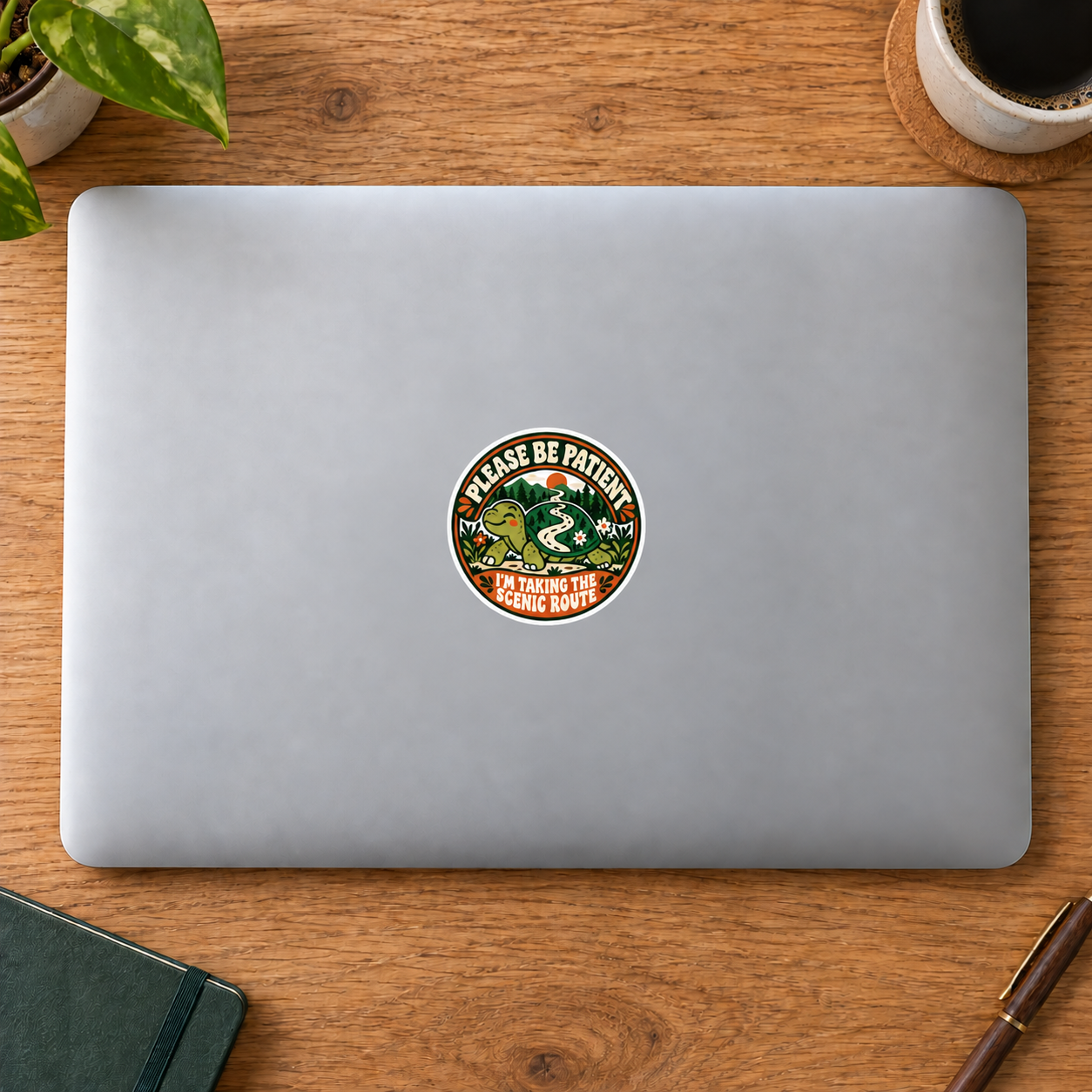 木製デスク上のシルバーのノートPCに、甲羅に小道を描いたカメの白フチ付き丸型ステッカーを貼った使用イメージ