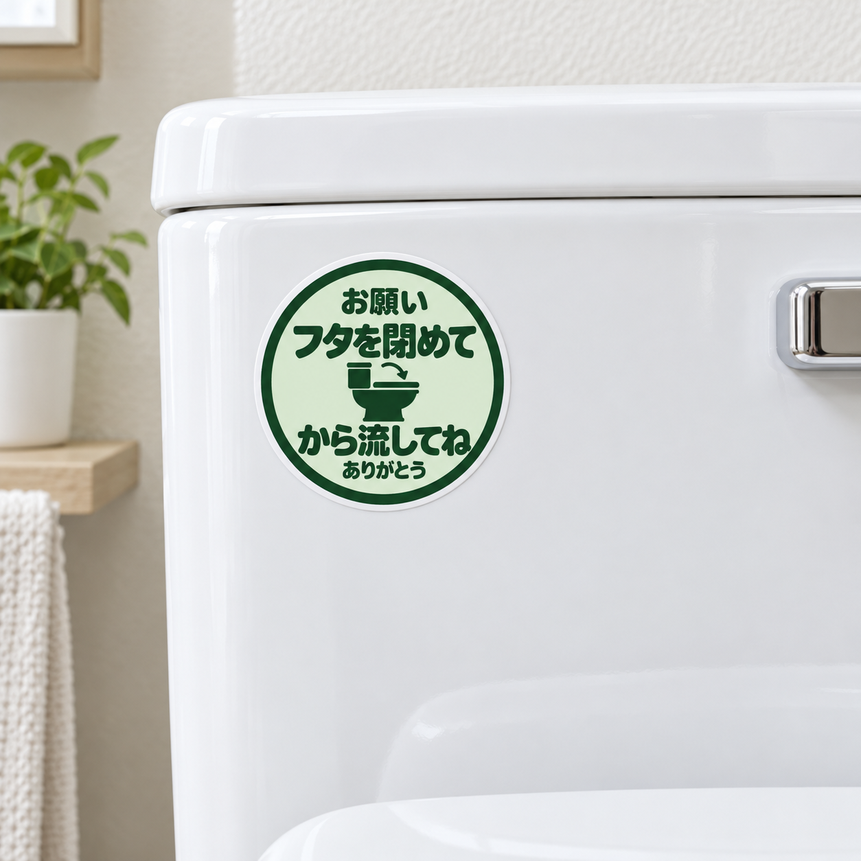 トイレ ステッカー 丸型 直径100mm「フタを閉めてから流してね」日本語 案内サイン トイレマナー 便器イラスト入り ライトグリーン - 画像 (5)