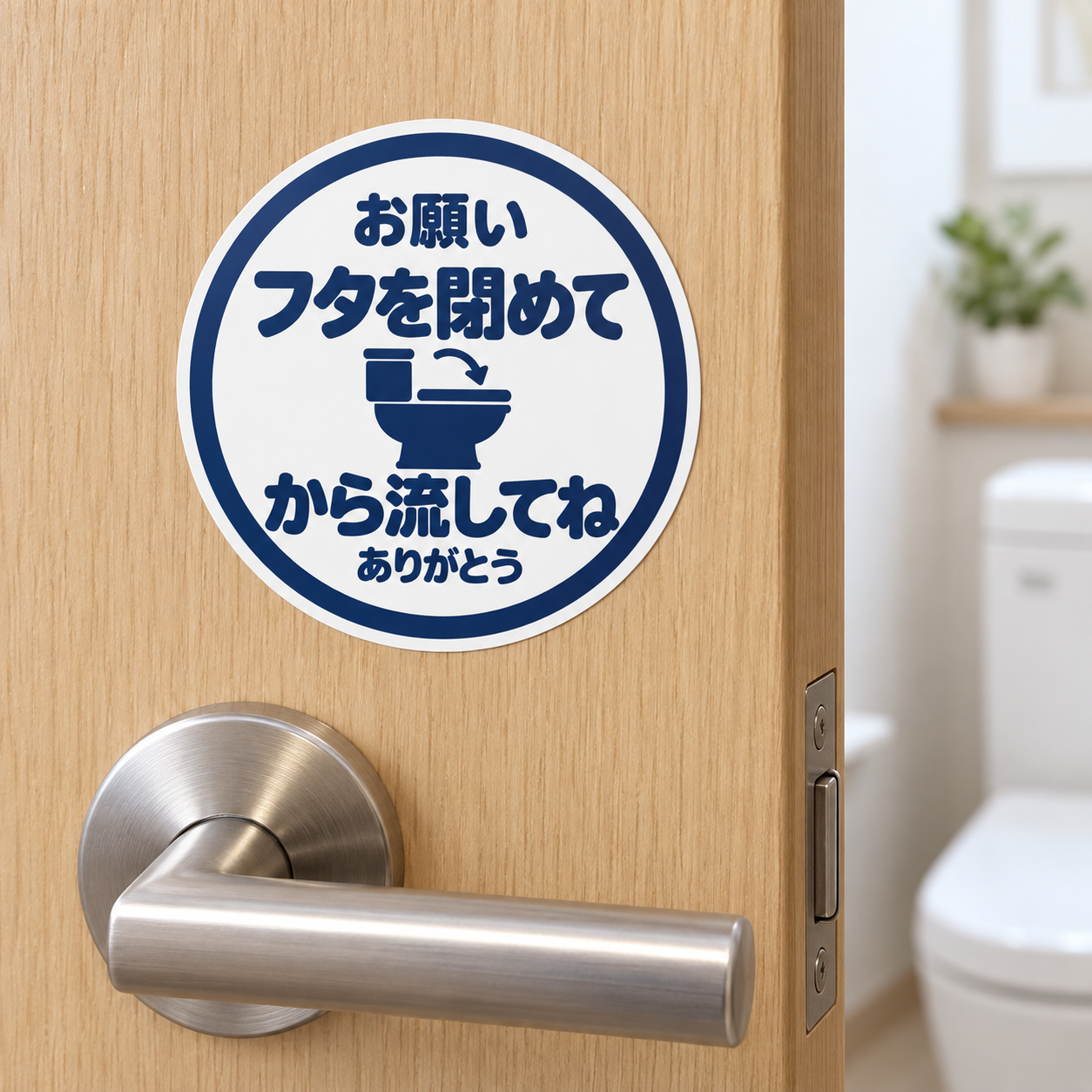 トイレ ステッカー 丸型 直径100mm「フタを閉めてから流してね」日本語 案内サイン トイレマナー 便器イラスト入り ライトグリーン - 画像 (6)