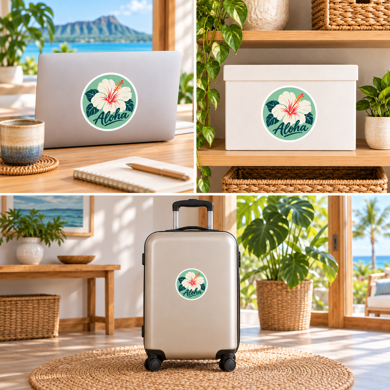 白い縁付きのミントグリーンのAlohaハイビスカス丸型ステッカー(直径100mm)を、ノートパソコン、収納ボックス、スーツケースに貼った使用イメージ。