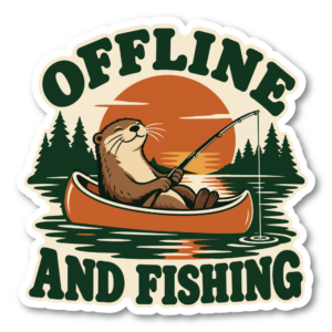 カワウソ 釣りステッカー 100×100mm アウトドア カヌー 湖 森 レトロデザイン 夕暮れの釣り｜OFFLINE AND FISHING