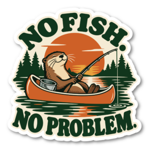 カワウソ 釣りステッカー 100×100mm アウトドア カヌー 湖 森 レトロデザイン 釣れなくても幸せ｜NO FISH. NO PROBLEM.