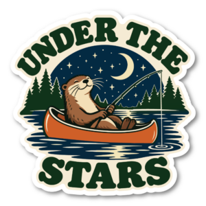 カワウソ 釣りステッカー 100×100mm アウトドア カヌー 湖 森 レトロデザイン 星空フィッシング｜UNDER THE STARS