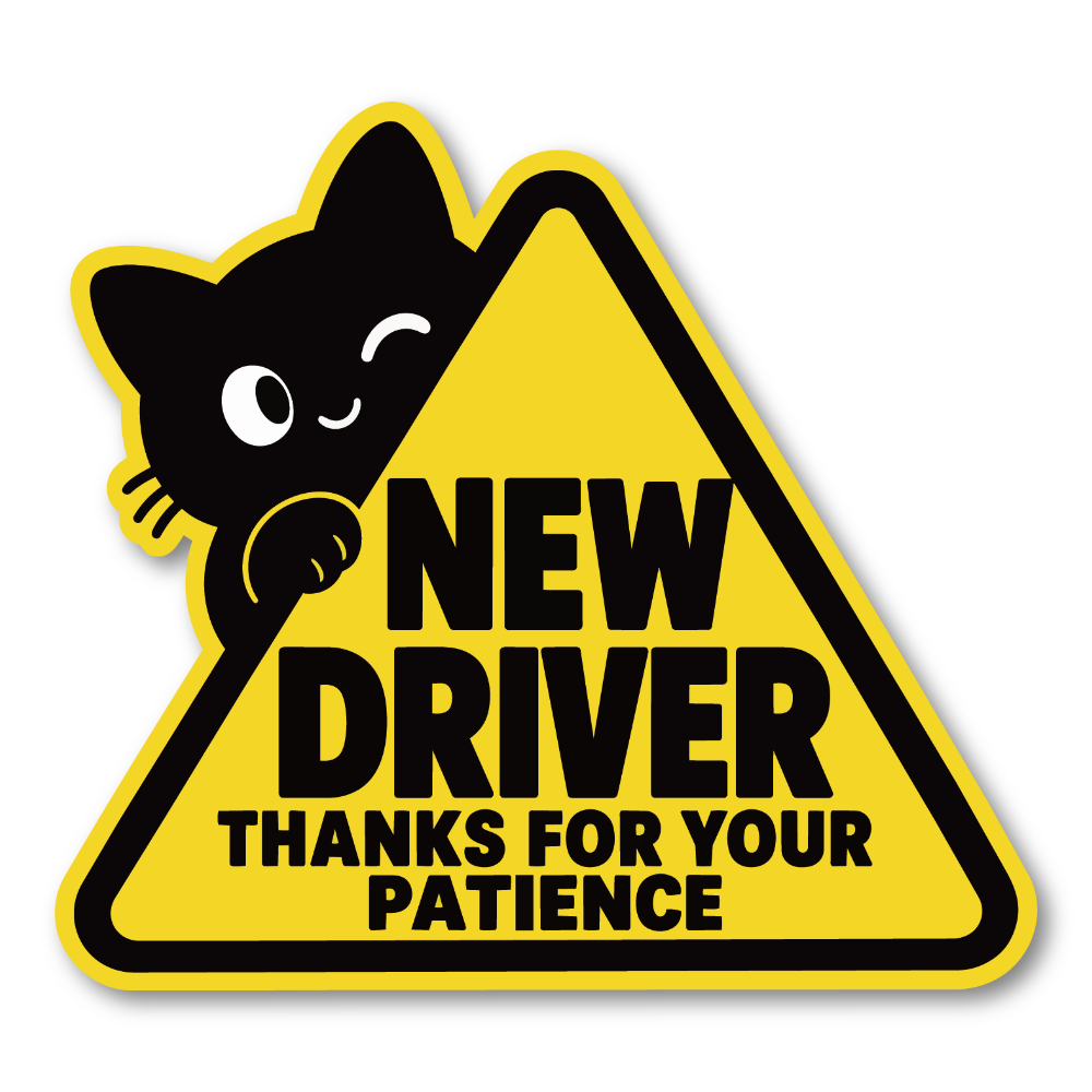 黒猫 初心者ドライバー ステッカー 車用 NEW DRIVER 三角サイン かわいい 猫デザイン 英語メッセージ 120×108mm THANKS FOR YOUR PATIENCE