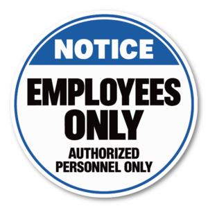 従業員専用 ステッカー 丸型 直径120mm 白縁付き EMPLOYEES ONLY 英語表示 店舗 オフィス バックヤード ドアサイン ブルーヘッダー