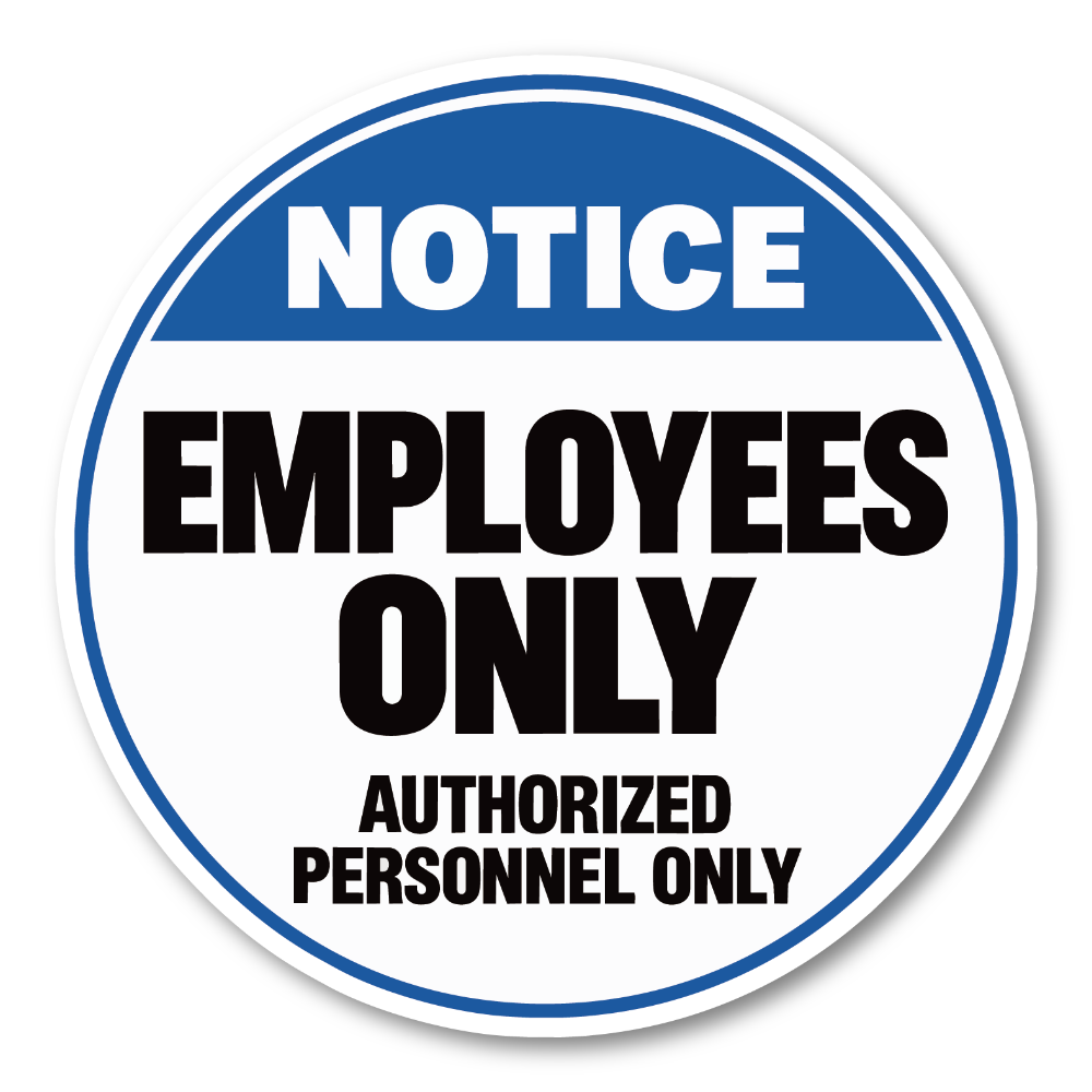 従業員専用 ステッカー 丸型 直径120mm 白縁付き EMPLOYEES ONLY 英語表示 店舗 オフィス バックヤード ドアサイン ブルーヘッダー