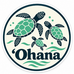 Ohana ホヌ ウミガメファミリー ハワイアン 円形ステッカー 100mm アイボリーミント