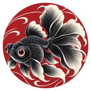 金魚 ステッカー 和柄 円形 100×100mm 黒金魚・赤