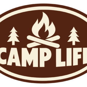 CAMP LIFE キャンプ ステッカー 楕円 アウトドア 100×67mm 焚き火・ブラウン