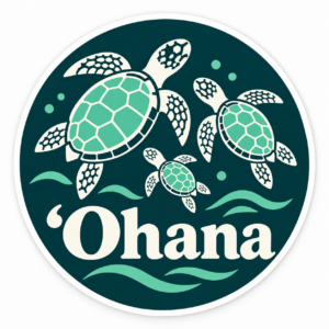 Ohana ホヌ ウミガメファミリー ハワイアン 円形ステッカー 100mm ディープティール