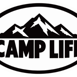 CAMP LIFE キャンプ ステッカー 楕円 アウトドア 100×67mm 山・モノクロ